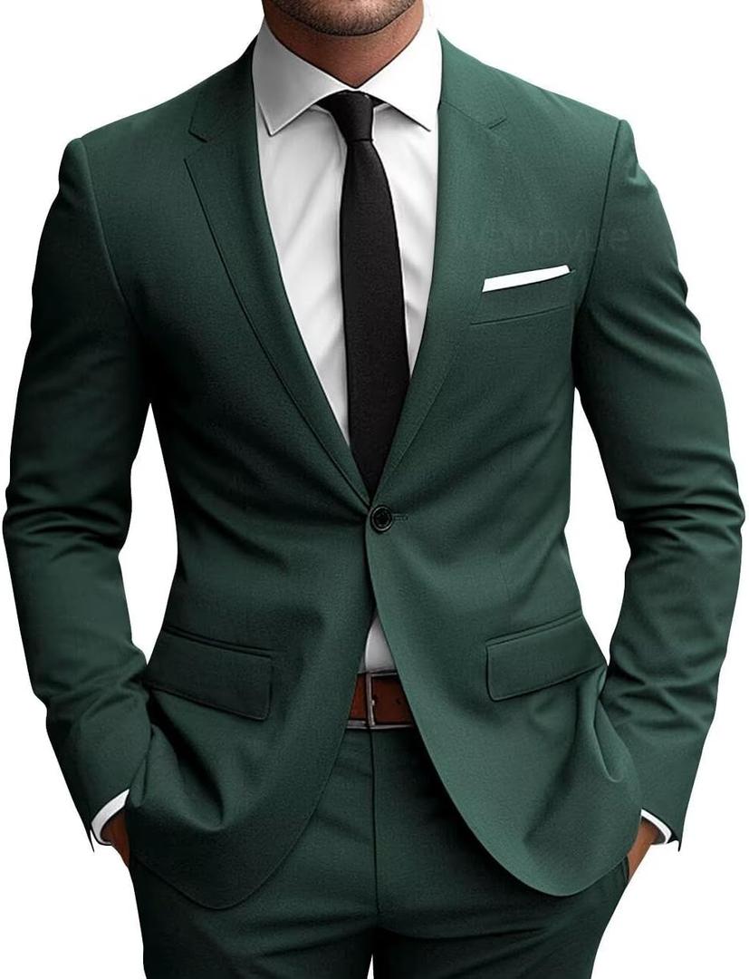 Wangyue 2 Piece Suit Men Slim Fit Suits for Mens One Button Men Suit Slim Fit Wedding Groomsmen Prom Homecoming Suits (Medium, Dark Green)