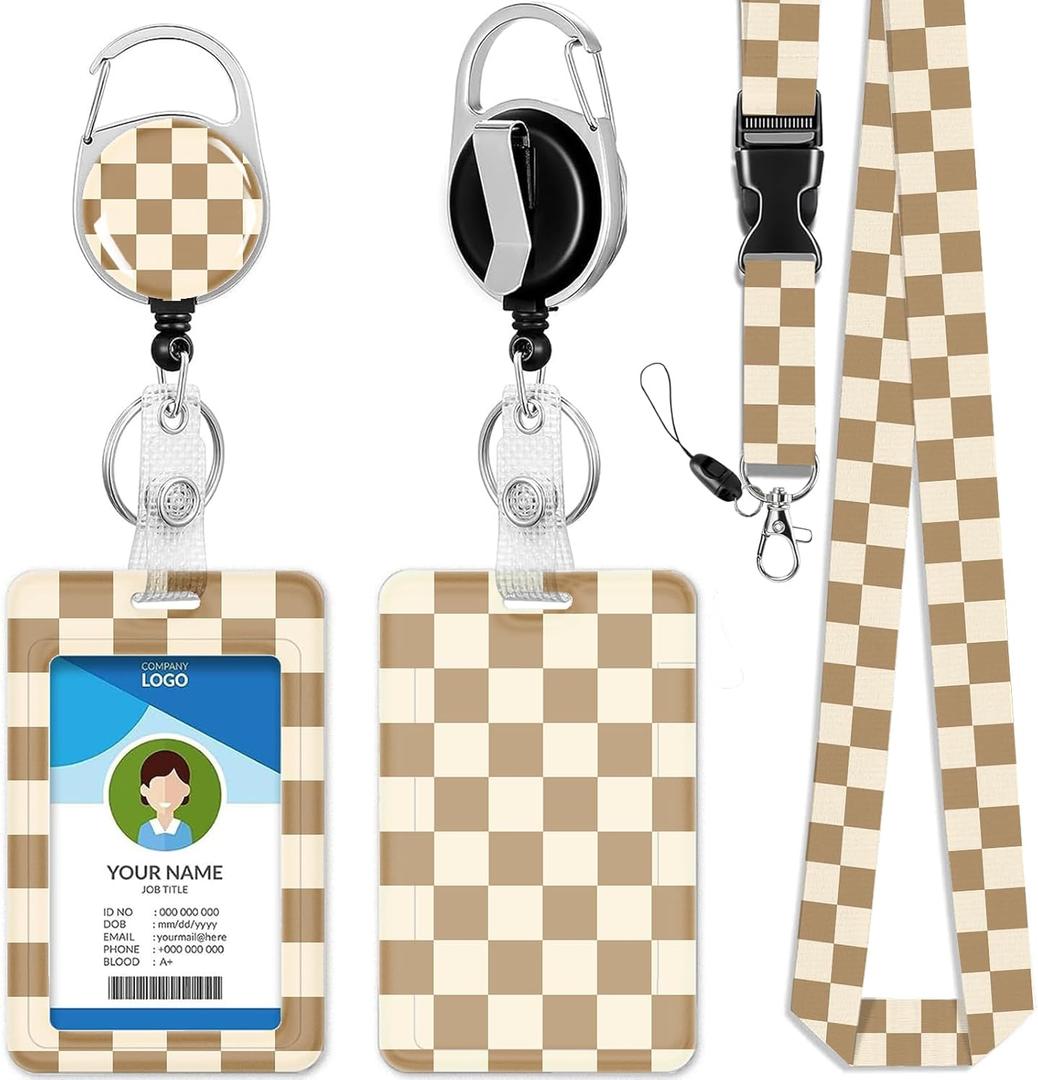 ID Badge Holder with Lanyard and Retractable Clip, Breakaway Lanyard for Name Badge Holder for Teacher Nurse Doctor School Student Office Gifts, Fashon Checkered, Brown