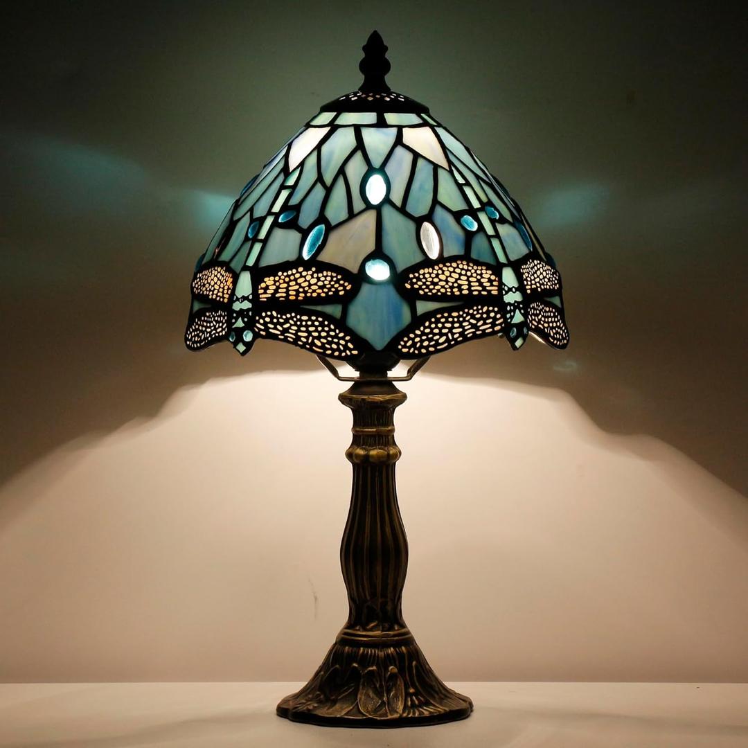 Small Tiffany Lamp Stained Glass Desk Lamp Vintage Tiffany Bedside Table Lamp for Home Living Room Bedroom Nightstand 8X15 Inch (Yellow Fish Scale Style) (Sea Blue Dragonfly)