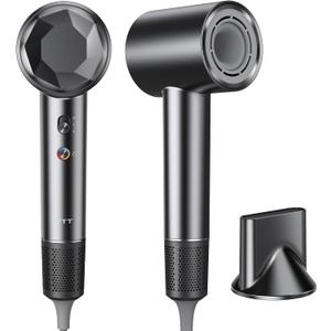 VTT Hair Dryer, 150000 RPM High Speed Blow Dryer with Intelligent Temperature Control, Magnetic Nozzle, Fast-Drying, Low Noise Hair Blow Dryer for Men and Women, for Curly Hair, for Home Travel Salon (Grey)