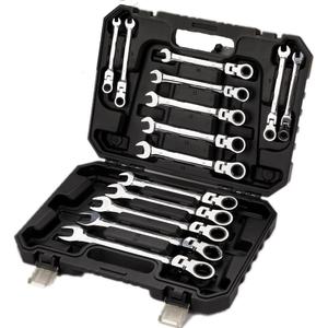 FLZOSPER 14-Piece Flexible Head Ratcheting Wrench SetMetric Combination Spanner Kit, 6-19mm Chrome Vanadium Steel Ratchet Wrench Set with Portable Suspended Toolbox