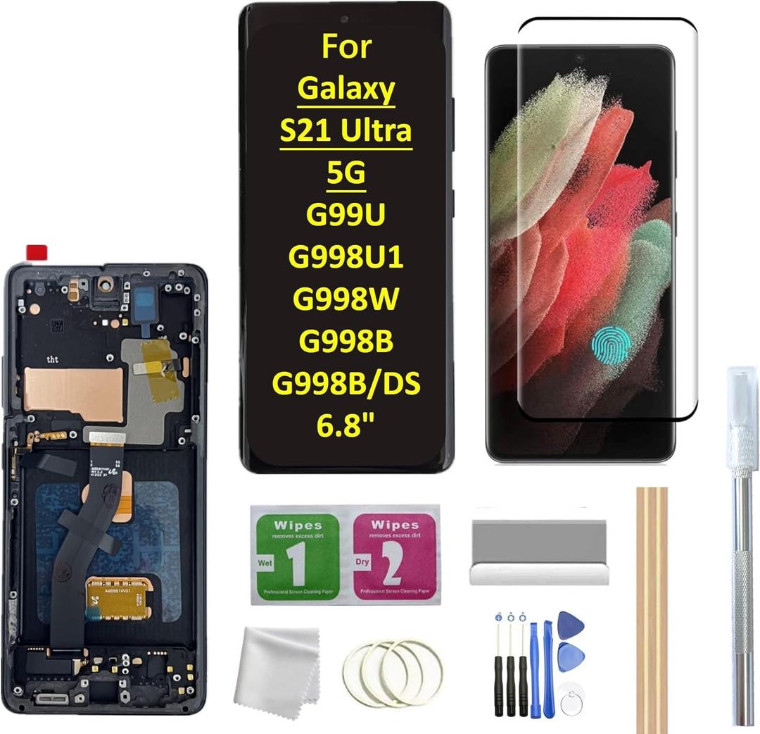 OLED Screen for Galaxy S21 Ultra LCD Screen with Frame Replacement for Samsung Galaxy S21 Ultra 5G G998U G998U1 G998W G998B G998B/DS 6.8" LCD Screen Display Touch Digitizer with Frame+Tool (Black)