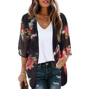 Women's Floral Print Puff Sleeve Kimono Cardigan Loose Cover Up Casual Blouse Tops, S