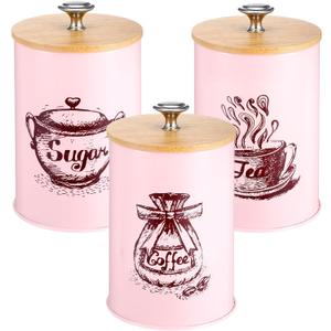 3 Pcs Pink Kitchen Canisters Set, 6.1" x 3.74" Matte Condiment Pot Metal Tin Jar Container, Food Storage Containers with Bamboo Airtight Lid to Store Dry Food Spices Coffee Tea Sugar Storage