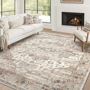 Area Rug 10x14 Washable Vintage - Soft Traditional Rug for Living Room Bedroom Dining Room or Home Office -Non Slip Backing Large Rugs with Low Pile Farmhouse Oriental Retro Carpet - Tea Brown