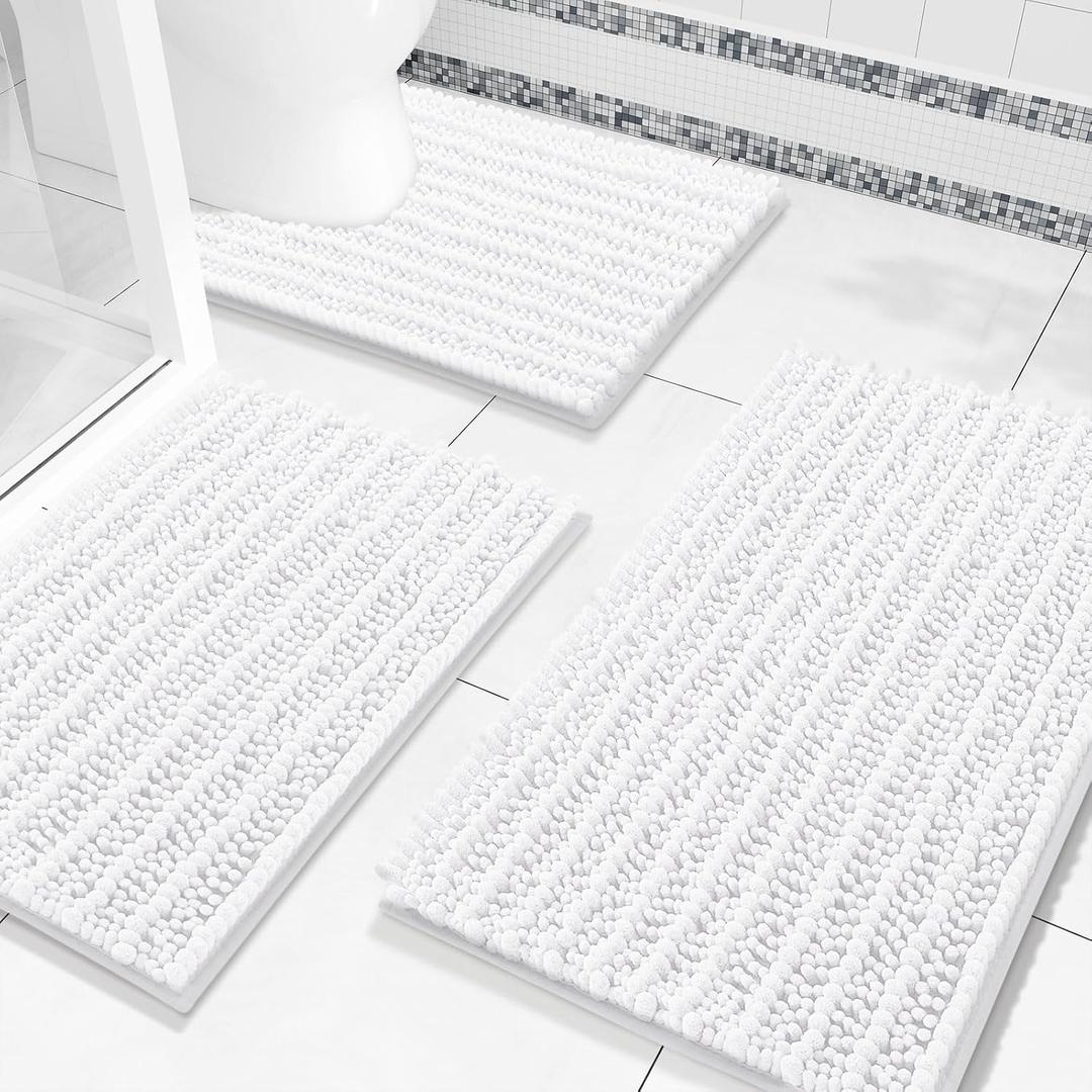 Arotive Chenille Bathroom Rugs Set 3 Piece, Extra Soft Absorbent Shaggy Bath Mat and U-Shaped Contour Toilet Rug, Machine Wash Dry Bath Mats Set for Bathroom, Shower, Sink and Tub, White