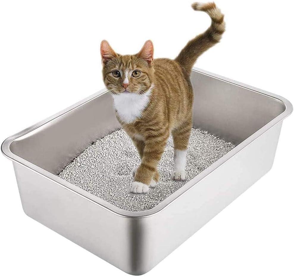 Yangbaga Stainless Steel Litter Box for Cat and Rabbit, Odor Control Litter Pan, Non Stick, Easy to Clean, Rust Proof, Large Size with High Sides and Non Slip Rubber Feets (19.8*13.8*6 inches)