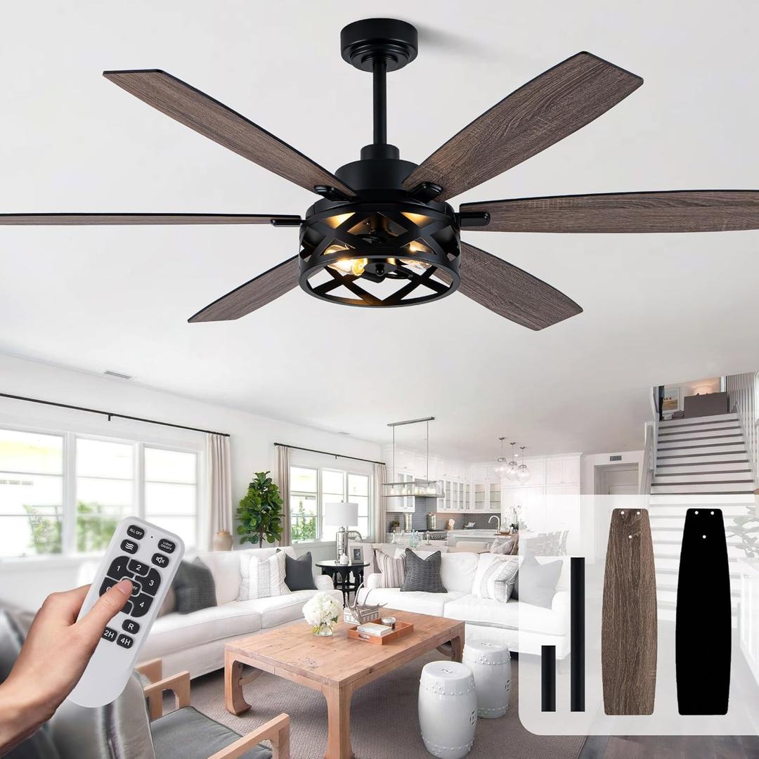 60 Inch Farmhouse Ceiling Fan with Light and Remote Black Rustic Ceiling Fan Quiet and Reversible DC Motor Caged Chandelier Fan for Living Room Bedroom