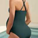 Summer Mae Maternity Swimsuit One Piece Bathing Suit Button Neck Cross Back (Green, 3XL)