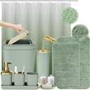 XLHOMO Sage Green Bathroom Set - 24PC Bathroom Sets with Shower Curtain and Rugs, Sage Green Bathroom Accessories Set with Press-on Lid Bathroom Trash Can, Soap Dispenser