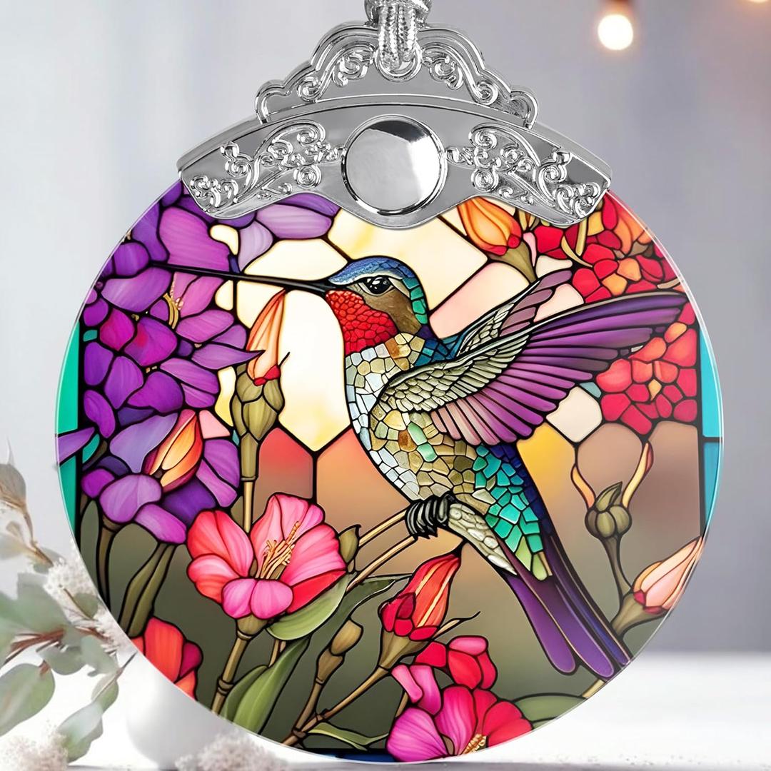 Christmas Ornament - Stained Glass Hummingbird Decor for Tree, Holiday Decorations and Xmas Gift Ideas