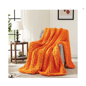 L'AGRATY Chunky Knit Blanket Throw: 50''x60'' Chenille Chunky Knitted Throw Blanket for Bed Couch - Handmade Thick Big Cable Knit Blanket - Large Chunky Crochet Rope Blanket for Home Decor(Orange)