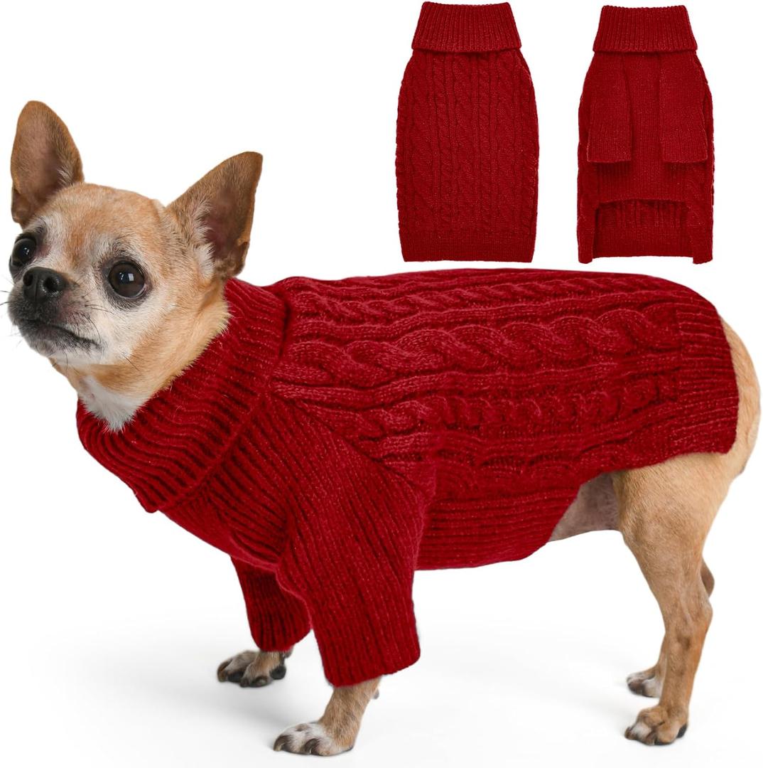 Dog Sweater for Small Dogs Boys Girls Puppy Turtleneck Pullover Cable Knit Winter Stretch Clothes Chihuahua Yorkie Toy Poodle Pomeranian Long Sleeves (S, Red)