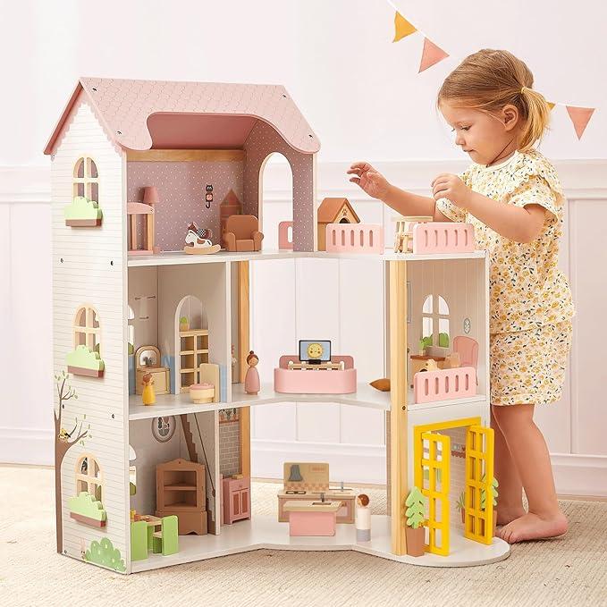 OOOK Wooden Dollhouse with Liftable Elevator - 2.6 Feet High Modern Doll House for Kids Toddlers - Including 21 Furniture Pieces, 4 Family Dolls, and 1 pet