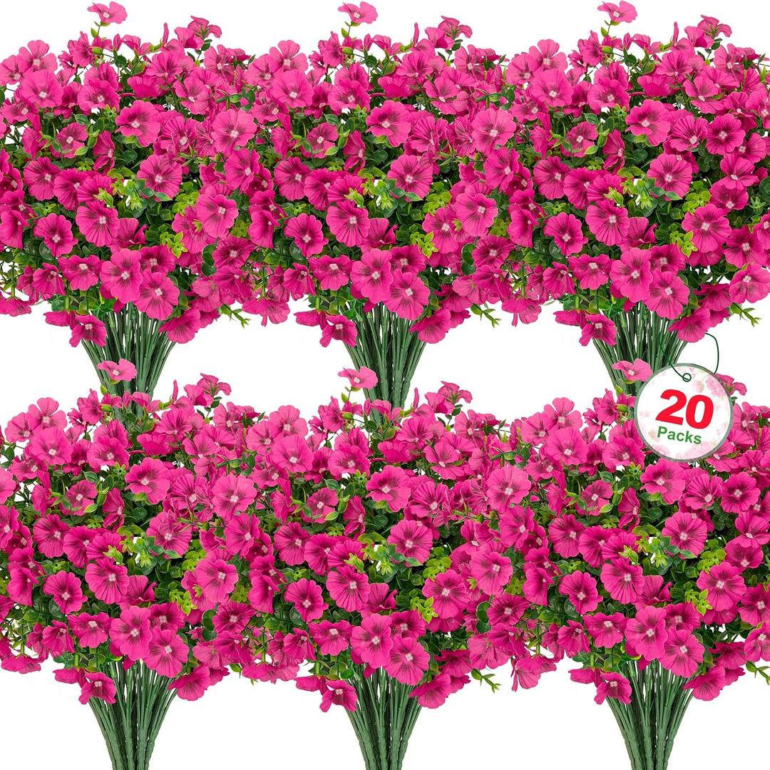 Roberly 20 Bundles Artificial Flowers for Outdoors, Fake Silk Flowers with Plastic Eucalyptus Greenery Stems Realistic Faux Plants for Spring Summer Porch Patio Yard Garden Vase Home Decor, Fuchsia
