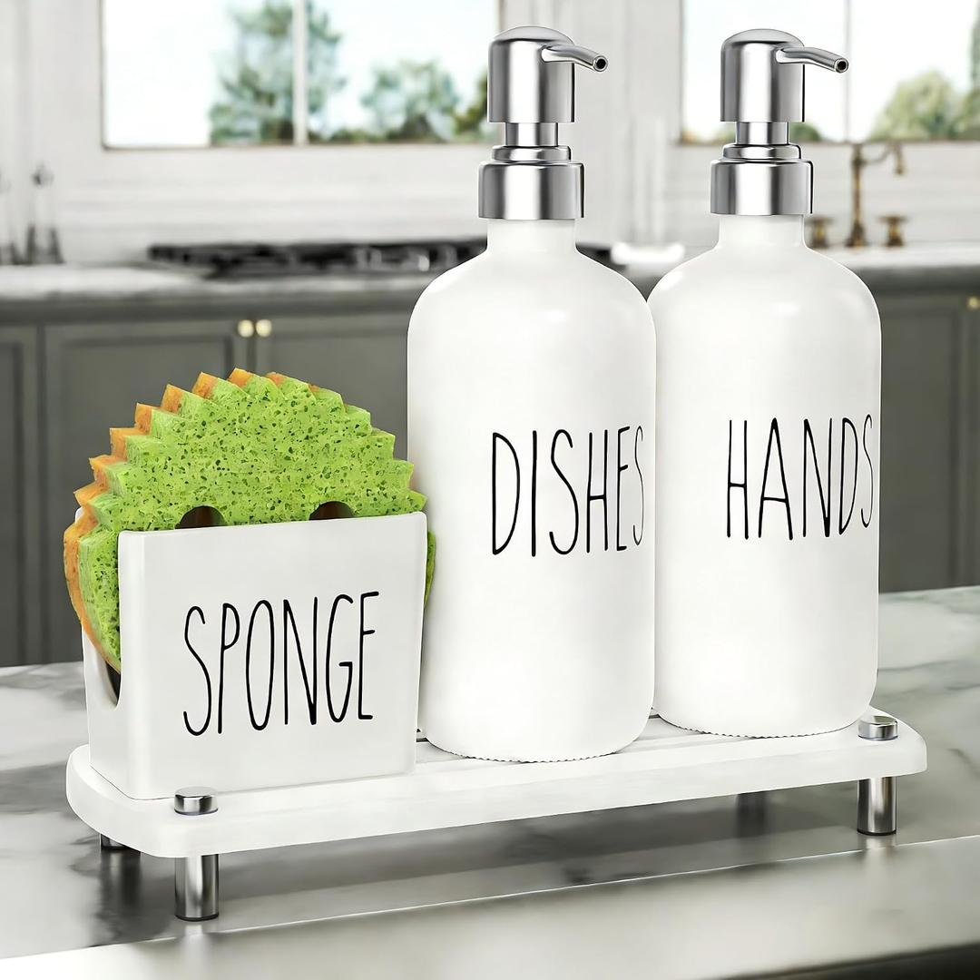 Cisily Kitchen Soap Dispenser Set Comes with Ceramics Sponge Holder, Gold Pumps, and Instant Dry Tray, Hand and Dish Soap Dispenser Set (4, Silver + White + Sponge Holder)
