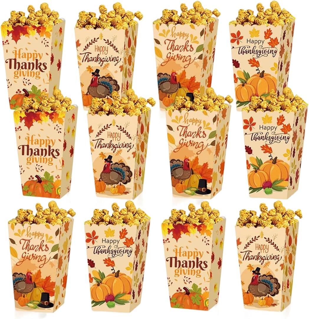 ZHUIGUANGZE 12 Pack Thanksgiving Treat Popcorn Boxes Small Foldable Fall Goodie Bags Turkey Pumpkin Leaf Design Candy Package Wrapping for Thanksgiving Autumn Harvest Festival Party Favors