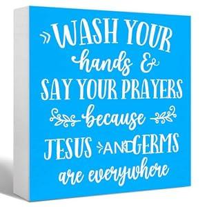 Funny Bathroom Sky Blue Wood Sign WashYour Hands and Say Your Prayers Wood Block Sign for Bathroom Shelf Toilet Restroom Home Tabletop Desk Decor, Farmhouse Bathroom Wooden Box Sign (Pack of 3)