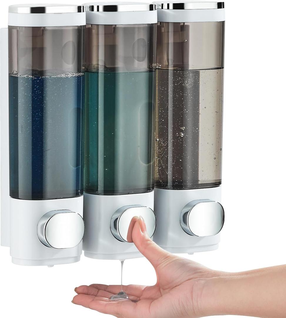 Shampoo and Conditioner Dispenser, Pollock Shower Soap Dispenser 3 Chamber No Drill, Wall Mounted Shampoo Body Wash Conditioner for Bathroom Large Capacity, White
