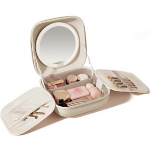 AMIRO M3 Cube Makeup Bag with Lighted Mirror, Stepless Brightness & 3 Color Modes, MagSafe Magnetic Mirror, Portable Travel Organizer with 1100lux Lighting, 4.5L Storage, Waterproof, 10 inches, White
