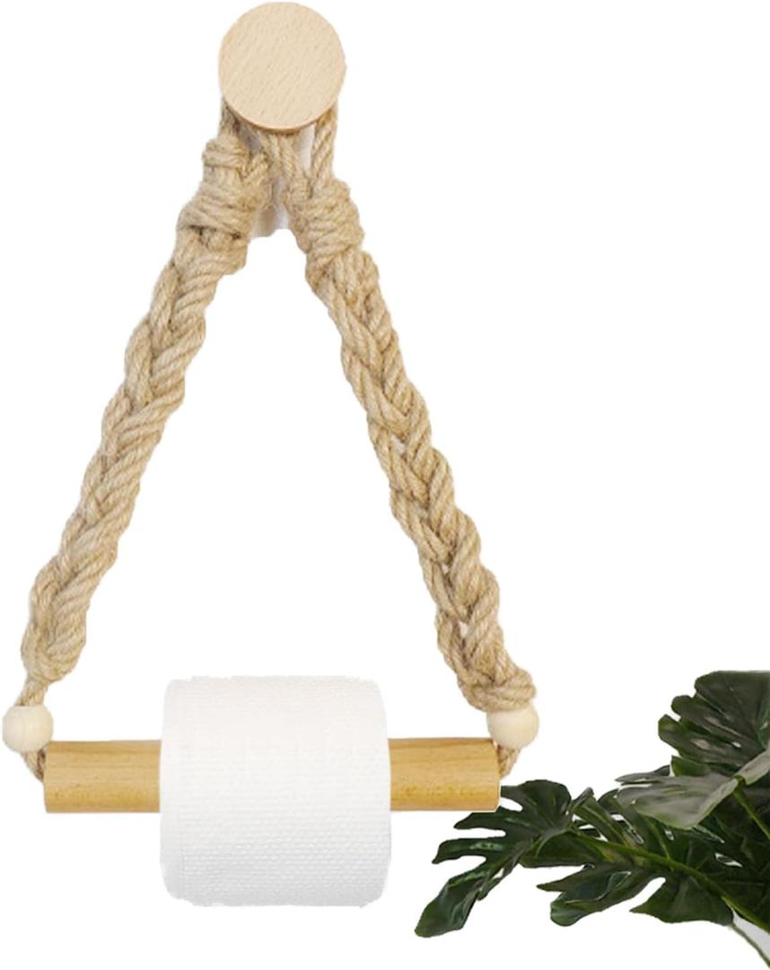 Rattan Toilet Paper Holder, Boho Rope Wood Hanging Tissue Rolls Paper Holder Wall Mounted, Rustic and Natural Unique Bathroom Accessories with Self-Adhesive Seamless Screw (Twisted Hemp Rope)