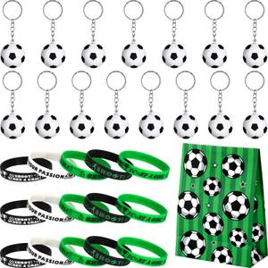 JOVITEC 46 Pieces Soccer Party Favors Set Include 15 Pcs Soccer Keychains Bulk 16 Pcs Motivational Silicone Wristband 15 Pieces Sports Goodie Bags for Fan Appreciation Sports Party Gifts