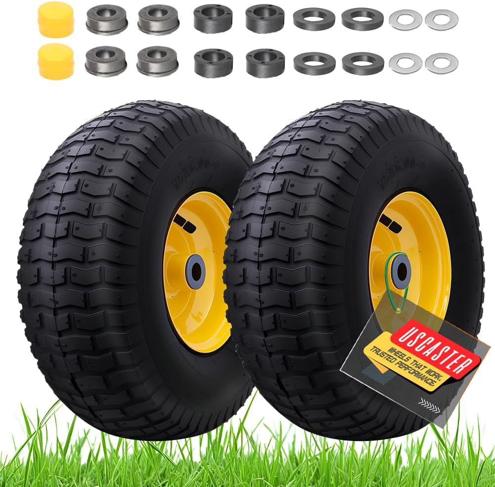 USCaster 15x6.00-6nhs Lawn Mower Tires (2 Pack), Replacement Riding Lawn Mower Front Tires - With 3" Centered Hub and 3/ 4" Bushings, Extra 5/ 8" Bushings(Yellow)
