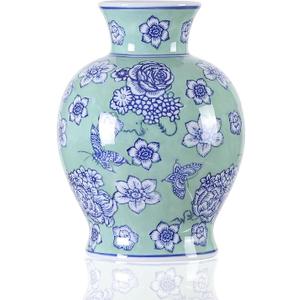 Vintage Chinoiserie Floral Ceramic Vase, Large Rustic Pottery Vases for Living Room, Entryway, Dining Table Centerpiece, Farmhouse Home Decor, Floor or Tabletop Flower Vase, (Green)