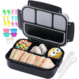 QQKO Bento Box for Kids Adults, School Toddler Lunch Box for Boys Girls, Lunch Box Containers with 4 Compartments, Sauce Container, Utensils, Food Picks and Muffin Cups for School, Black Gray