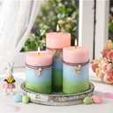 Threlaco Set of 3 Easter Pillar Candles Decorative Vanilla Flavor Pillar Candles with Rabbit and Easter Egg Ornaments Blue and Green Layered Clean Burning for Decor Party Room, 3 Sizes