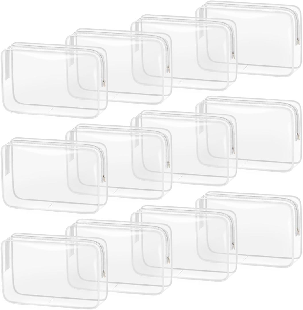 TISRATOK 12 PCS Clear Makeup Bag for Women with Zipper, TSA Approved Toiletry Pouch, Cosmetic Bag Bulk for Travel Organizer Essentials - White,Large