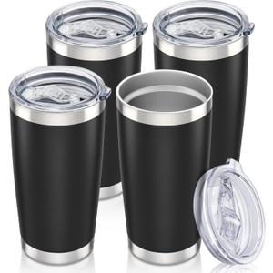20 oz Tumbler with Lid Stainless Steel Insulated Tumblers Bulk Double Wall Vacuum Cups Powder Coated Travel Mug Keep Drinks Cold and Hot, Black, 4 Pack