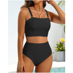 High Waisted Bandeau Bikini Set - Women Strapless Two Piece Swimsuits Ribbed Longline Full Coverage Bathing Suits Swimwear, M