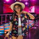 80s 90s Outfits for Women 80's Retro Theme Party Shirt 80s Hawaiian Shirt Neon Hawaii Button Down Short Sleeve Tops (Black, XL)