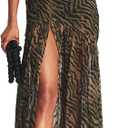 Women Tube Top Dress Tiger Stripe Mesh Patchwork Maxi Dress Strapless Sexy High Slit Long Dresses Party Clubwear (Medium, Brown)