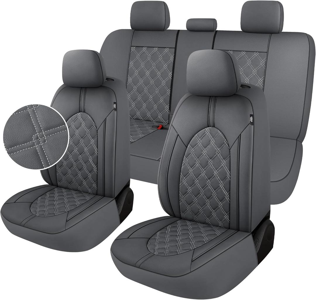 YGL Luxury PU Leather Car Seat Covers Full Set, Non-Slip Seat Cover Protectors, Universal Fit for Cars, Trucks, SUVs, Vans, Pickups, Airbag Compatible, Seat Covers for Car Interior (Gray)