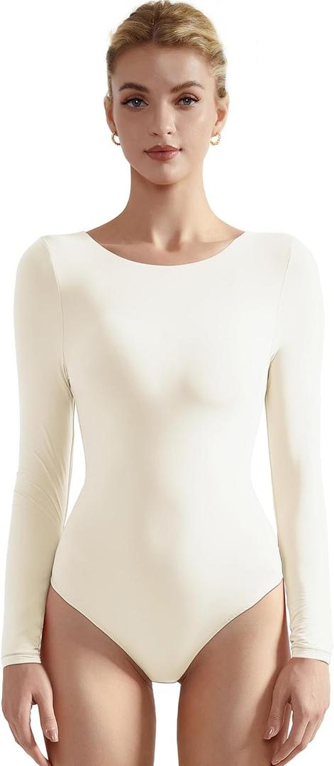 SUUKSESS Women Long Sleeve Bodysuit Basic Crew Neck Thong Body Suit Shirts Top for Spring (White, L)