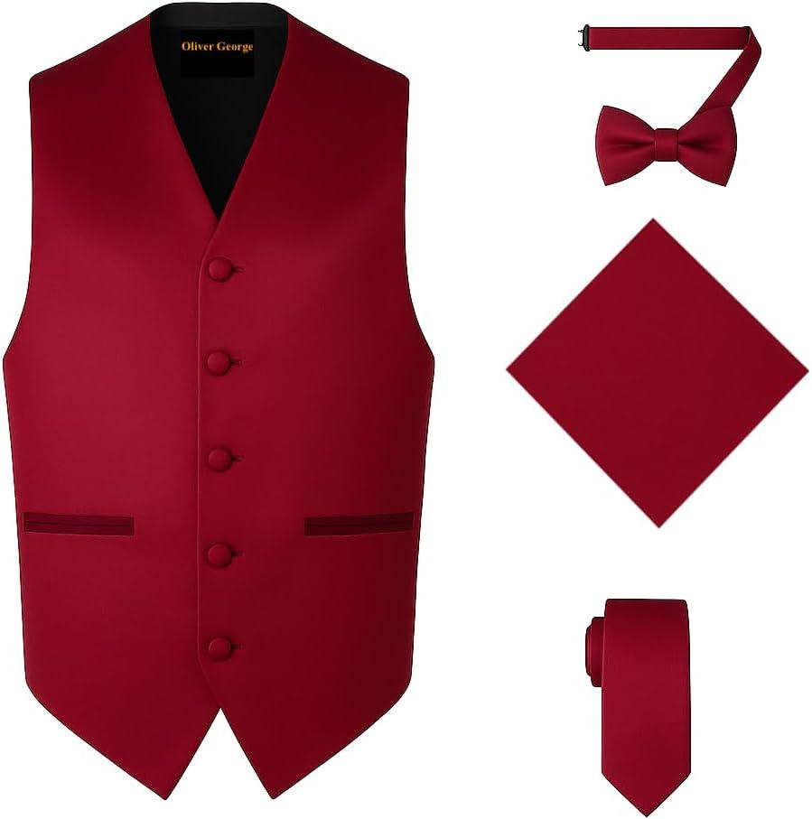 Oliver George 4pc Men's Solid Formal Suit Waistcoat Tuxedo Dress Vest Necktie Bowtie Handkerchief Set for Suit or Tuxedo, M