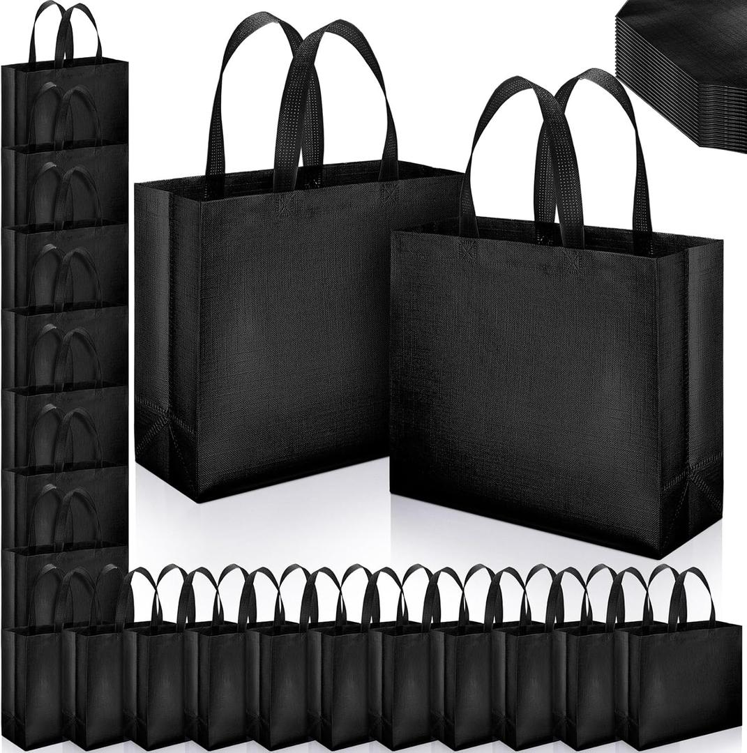 Epakh 48 Pcs Reusable Gift Bag with Handle Reusable Gold Grocery Tote Gift Bag Bulk Non Woven Glossy Bridesmaid Tote for Wedding Christmas Baby Shower Birthday Party (Black)