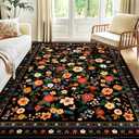 5x7 Area Rugs for Living Room Vacuum-Friendly Machine Washable Area Rug Flower Floral Printed Pattern Low Pile Non-Slip Carpet for Bedroom Hallway Entryway, Black