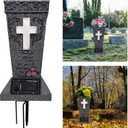 Solar Cemetery Vase with LED Cross Lamp Memorial Flower Holder with Spike Headstones Vases Gravestone Garden Decorations Condolence Gifts for Loss of Loved One