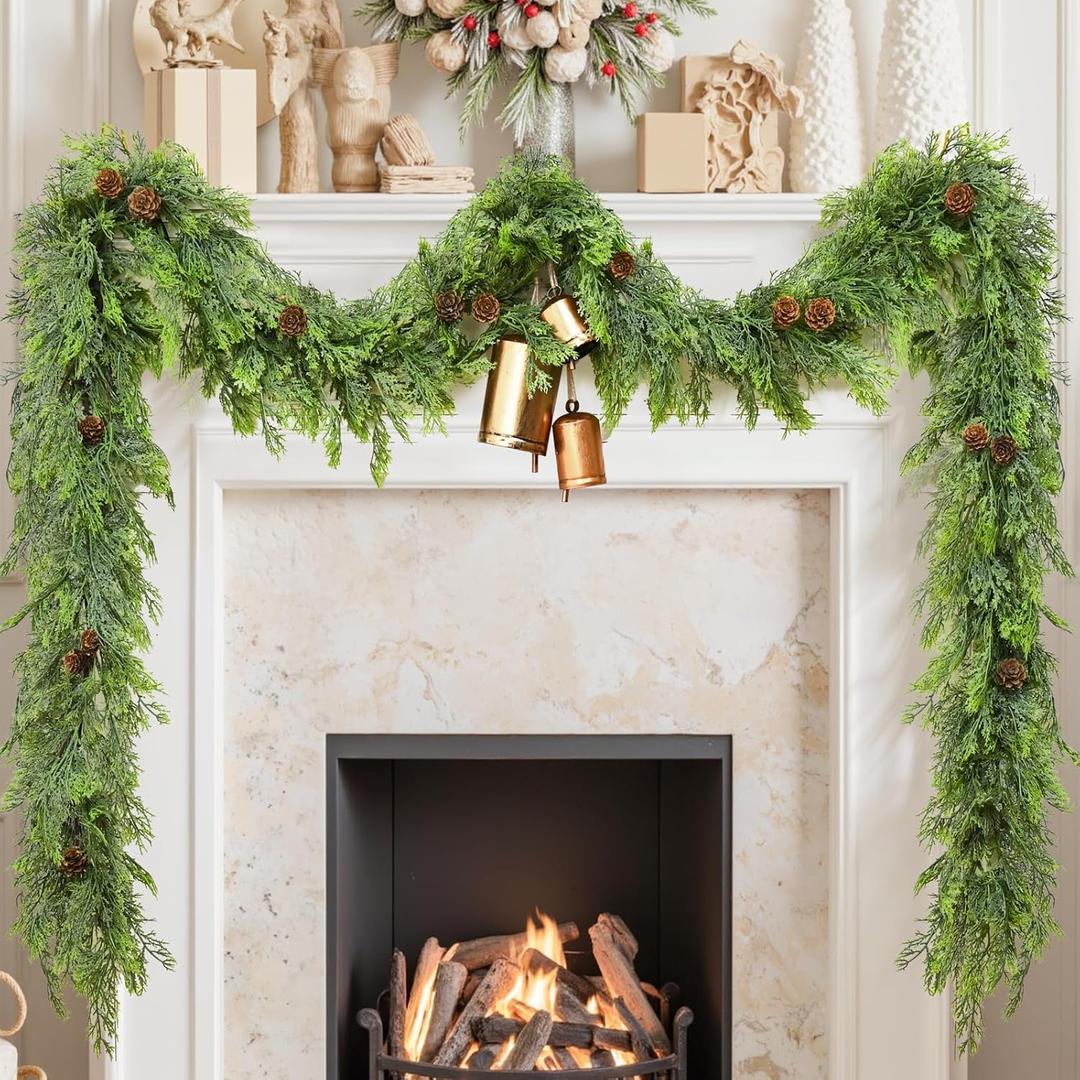 6 FT Christmas Cedar Garland, Real Touch Realistic Greenery Pine Garland for Mantle, Artificial Norfolk Pine with Lights for Stairs Railing Indoor Outdoor Christmas Decoration (1 Pack)
