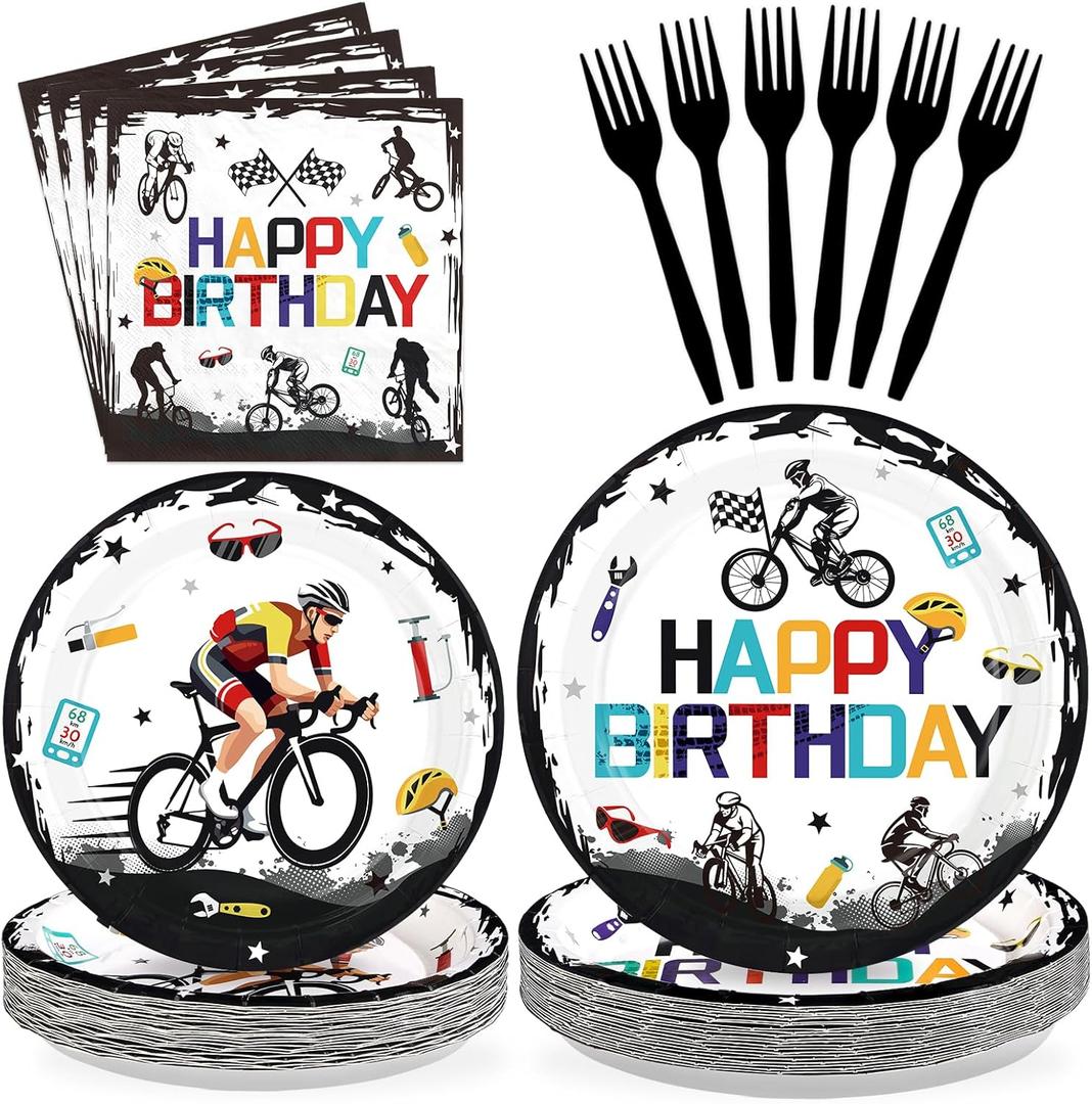 96Pcs Bicycle Birthday Party Decorations Mountain Bike Road Birthday Plates and Napkins Sets Sports Bicycle Racing Decorations for Boys Teens Adults Sports Bike Lover Bday Party Supplies Serves 24