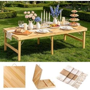 Folding Picnic Table, 5 Ft Solid Wood Low Floor Portable Picnic Table with Boho Table Runner for Indoor & Outdoor, Patio, Beach, Kids, Party, Garden, Camping, Wedding, Travel