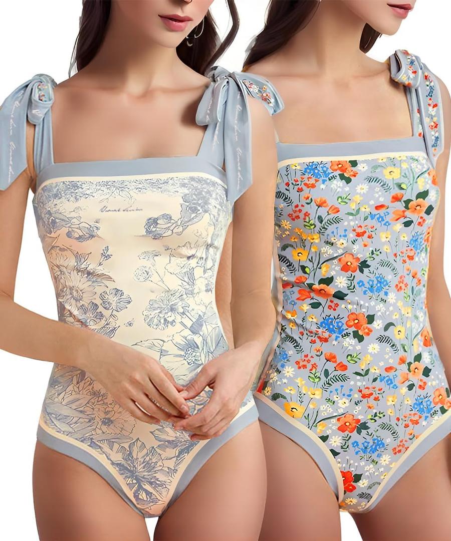 SKAYS Reversible Floral One Piece Swimsuit Women Bathing Suit Vintage Cute with Adjustable Straps Swimwear Blue M