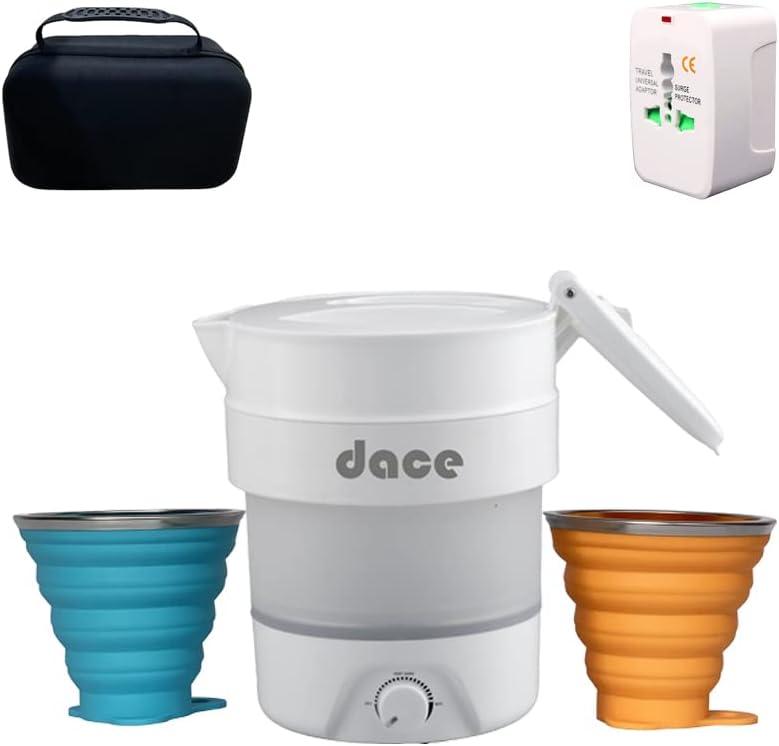 Portable Foldable Electric Travel Kettle, 800ML/27oz, White with Two Folding Cups, 110V & 220V Dual Voltage, Food Grade Silicon, Universal Travel Adaptor for US/EU/AUS and Case