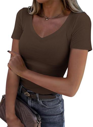Roselux Women V Neck Ribbed Fitted Tight Tshirt Short Sleeve Shirt Basic Knit Top size XL