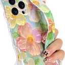 for iPhone 14 Pro Case with Finger Hand Wrist Strap, Cute Colorful Oil Painting Flower Floral Phone Case for Girls Women Stylish Aesthetic Curly Wave Frame Protective Cover, Pink Green