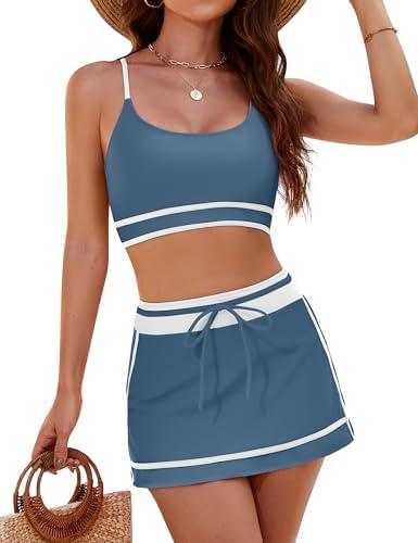 Blooming Jelly Women's High Waisted Bikini Sets Sporty Two Piece Bathing Suits Color Block Swim Skirt Swim Suits 2025 Size M, Grey Blue
