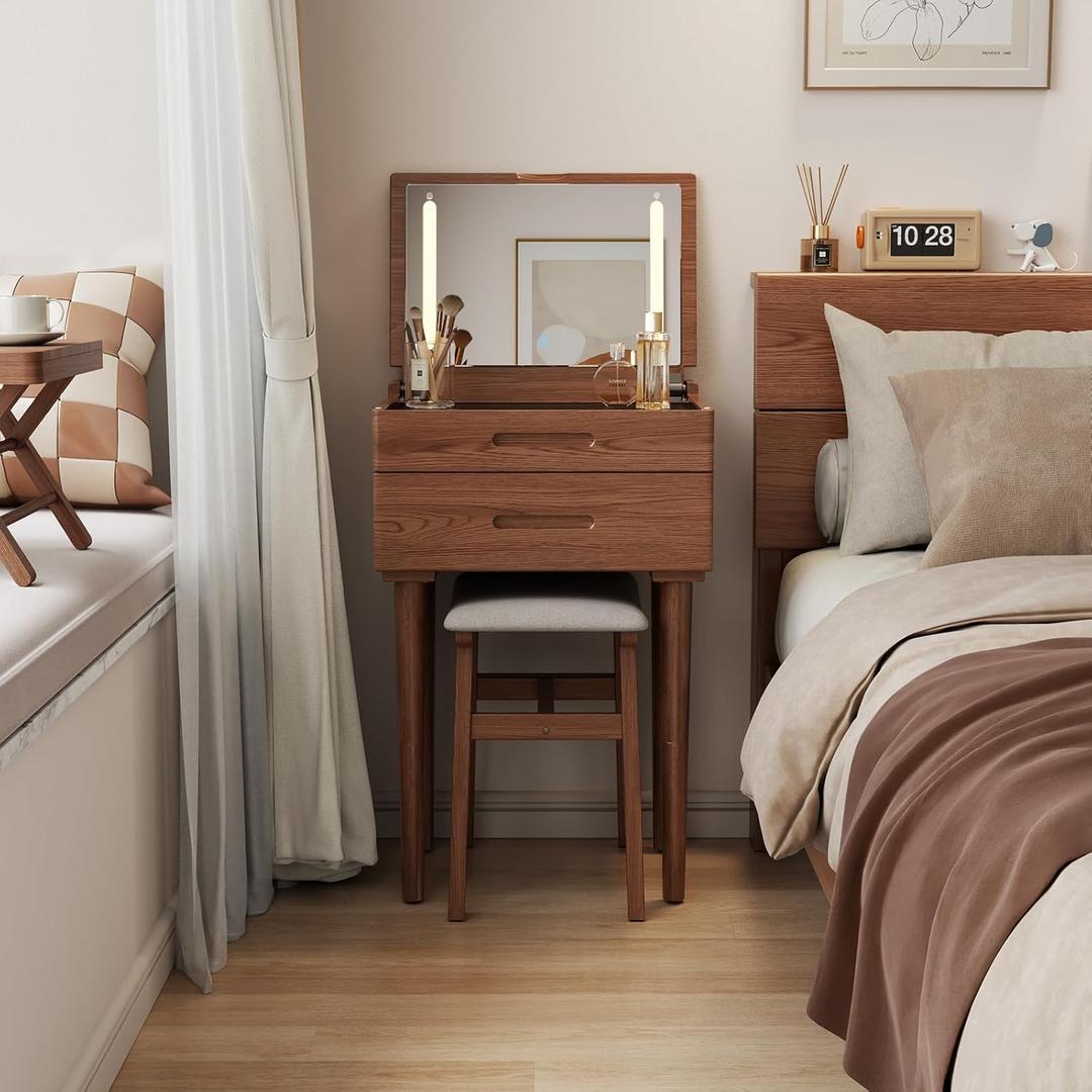 Muwuele Solid Wood Small Vanity Desk with Mirror and Lights, Narrow Makeup Vanity for Small Space, Flip Top Vanity Side Table, 3 Color Modes & Adjustable Brightness, 19.6" Slim Dressing Table, Walnut